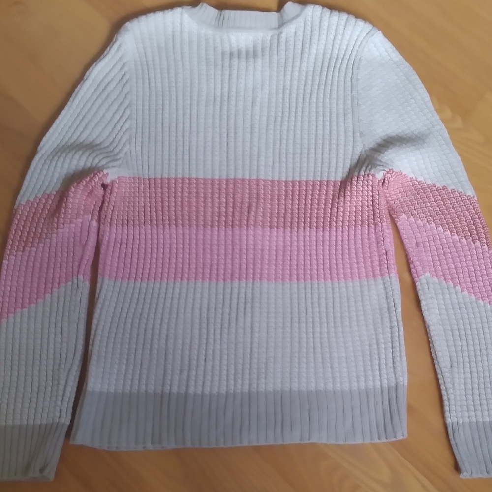 St. John Santana Knit Women's Sweater Large Pink Red Chevzon Print Ribbed Zip-Up - Picture 6 of 12